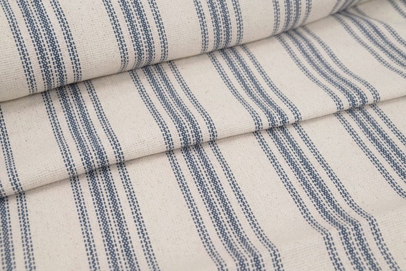 Blue Ticking Stripe Grain Sack Fabric, Vintage Reproduction Feedsack for Farmhouse French Country Decor, By the yard