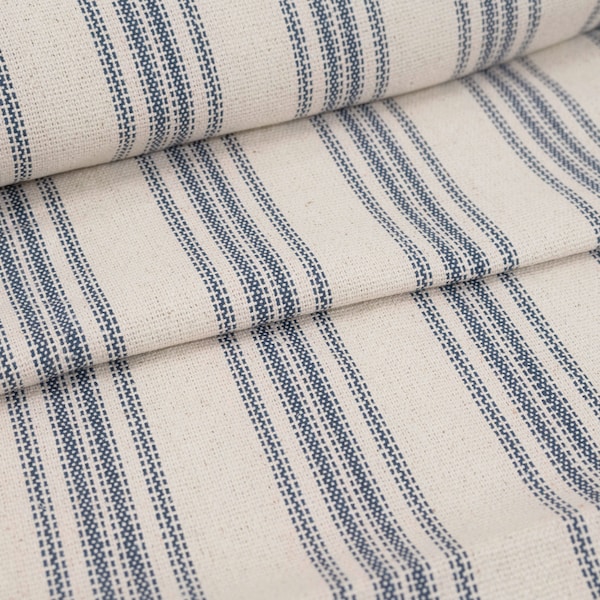 Blue Ticking Stripe Grain Sack Fabric, Vintage Reproduction Feedsack for Farmhouse French Country Decor, By the yard