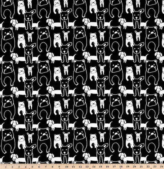 Dog Print Fabric with Bulldog Dogs Dachshunds in Black White | Premier Prints Pedigree | 100% cotton