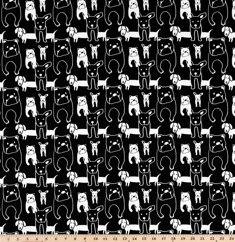 Pedigree Black White Dog Print Fabric. Ruler added for scale. Fabric is 54" wide