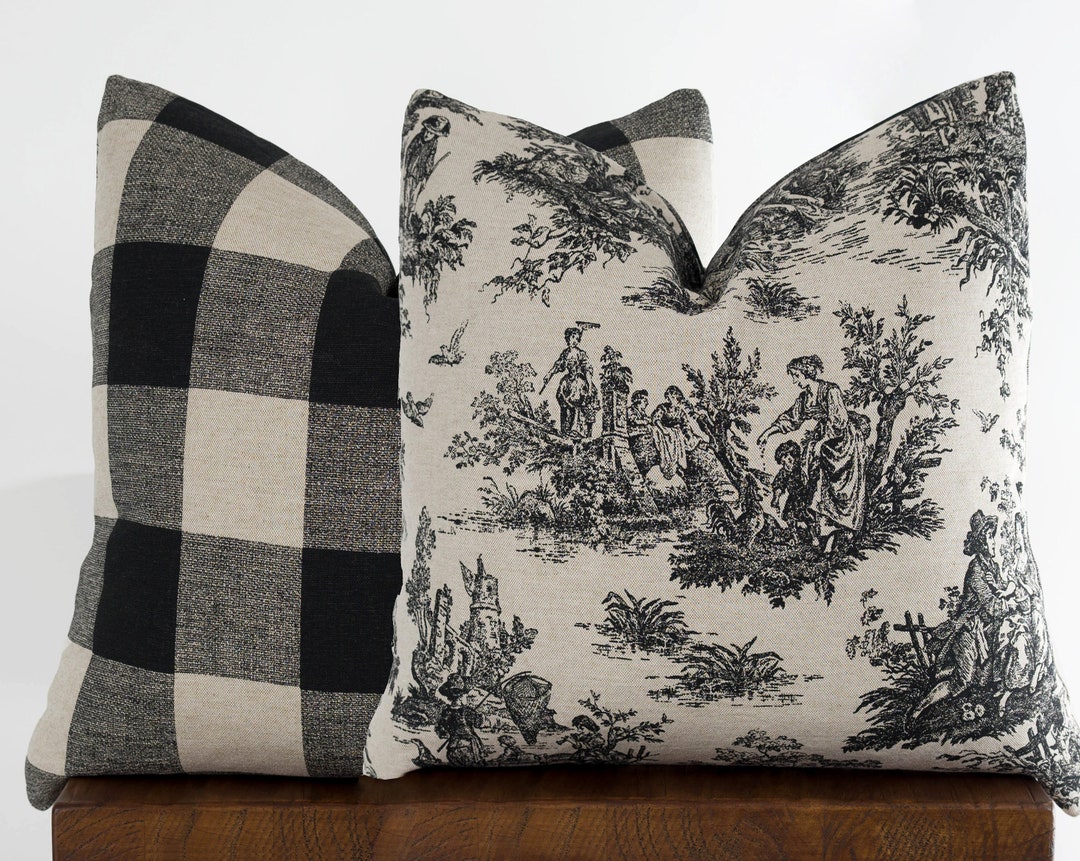 Toile Pillow Cover With Buffalo Plaid, Black Linen Natural