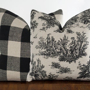May include: Two decorative throw pillows, one with a black and white buffalo check pattern and the other with a black and white toile pattern featuring a pastoral scene.