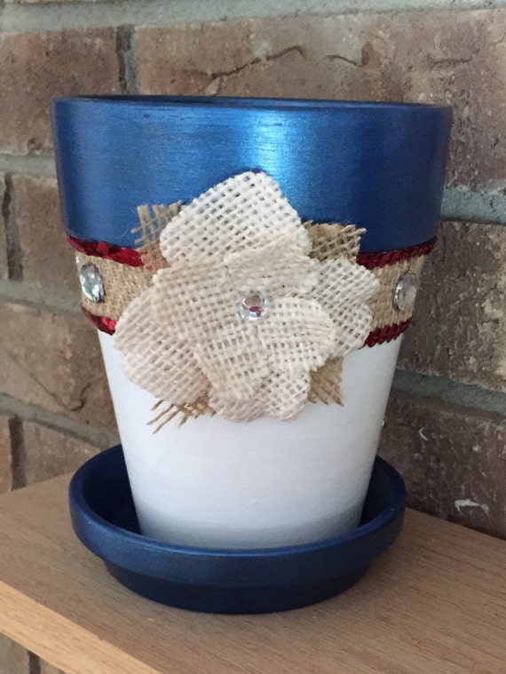 Nautical Patriotic Red White Blue Rhinestone Embellished Indoor Planter Clay Pot Painted Home Decor Sequin Il_570xn