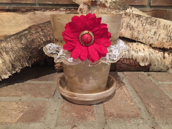 Metallic Gold Lace Flower Embellished Indoor Planter Clay Pot Painted Ribbon Floral Home Decor Shimmer Red House Warming Gift Il_570xn