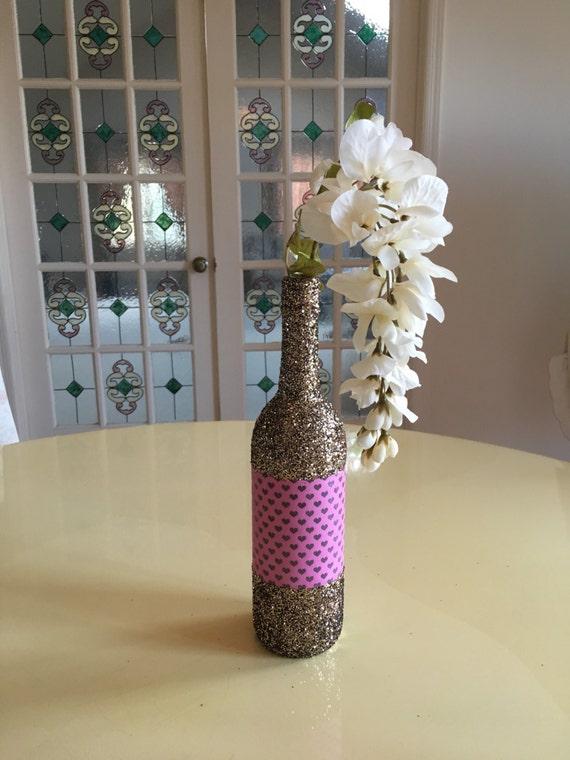 1 Gold Pink Black Glitter Heart Design Mix Wine Bottle Decorative Centerpiece Bachelorette Theme Party Vase Birthday Valentine's Day Love Il_570xn