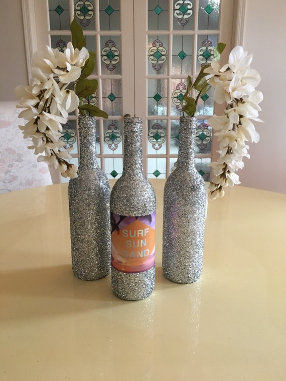 Set of 3 Silver Glitter Wine Bottles Surf Sun Sand Mix Decorative Centerpieces Destination Wedding Engagement Beach Bridal Shower Party Vase Il_570xn