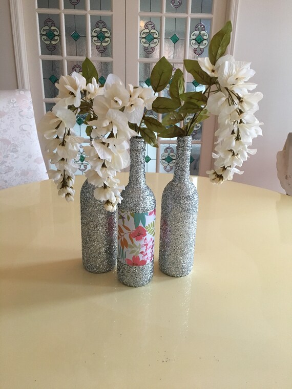 Set Of 3 Silver Glitter Wine Bottles Floral Metallic Mix Etsy