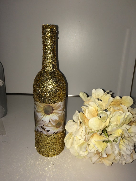 1 Gold Glitter Daisy Design Mix Wine Bottle Decorative Centerpiece