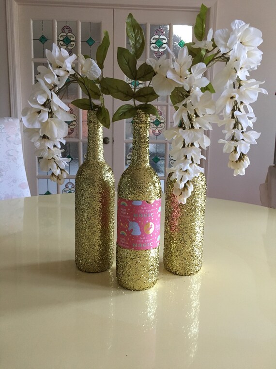 Unicorn Party Theme Set of 3 Gold Glitter Wine Bottles Decorative Centerpieces Rainbow Dessert Table Accent Sparkle Magic Il_570xn