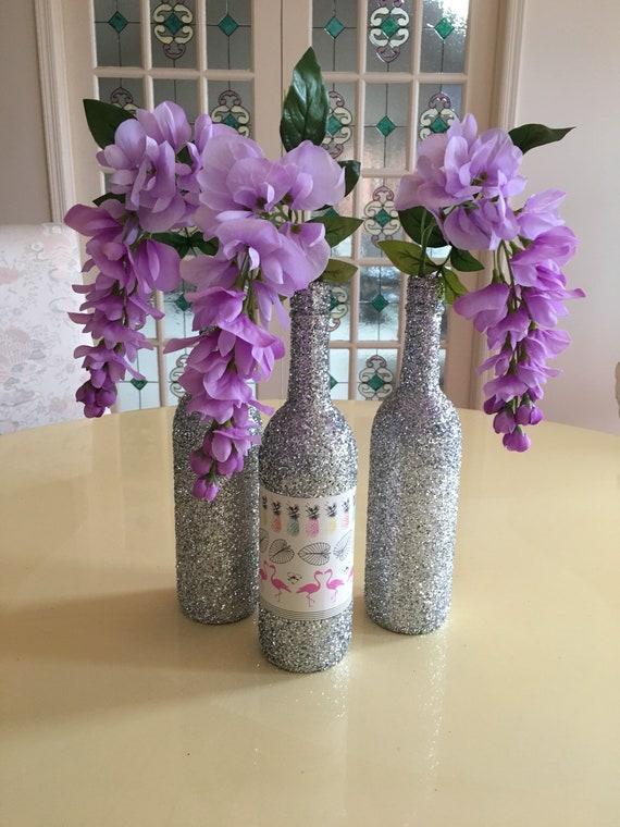 Set Of 3 Silver Glitter Wine Bottles Flamingo Pineapple Decorative