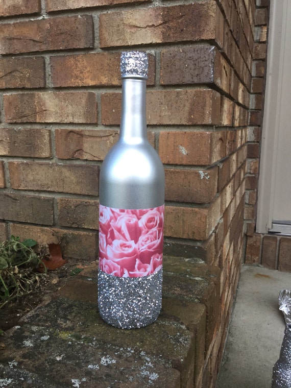 1 Silver Glitter Rose Pink Flowers Floral Design Mix Wine Bottle Decorative Centerpiece Bachelorette Theme Party Vase Birthday Shower Baby Il_570xn