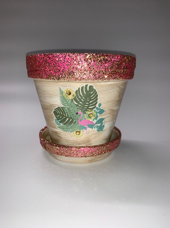 Indoor Planter Tropical Sparkle Flamingo Floral Pink Glitter Flower Clay Pot Painted Home Decor By Vanillaflare Catch My Party