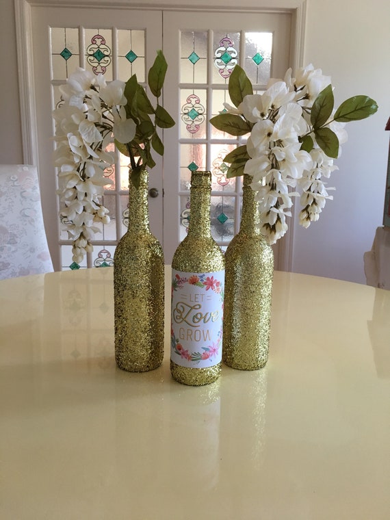 Set of 3 Gold Glitter Wine Bottles Floral Let Love Grow Plant Mix Decorative Centerpieces Desert Flowers Engagement Party Il_570xn