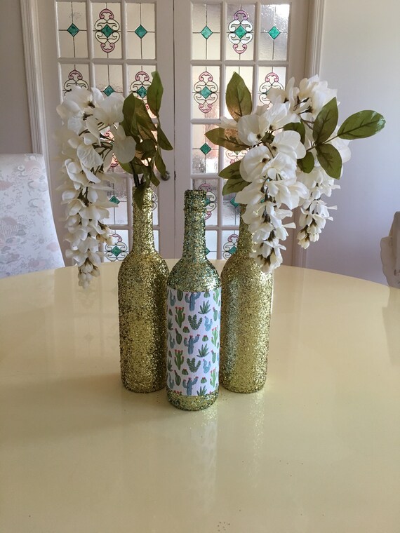 Set of 3 Gold Glitter Wine Bottles Cactus Plant Mix Decorative Centerpieces Destination Wedding Beach Desert Flowers Il_570xn