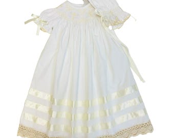 White Short Sleeve Smocked Lace Daygown with Bonnet – Unisex Infant Baptism, Christening, Dedication Heirloom Gown, Infant Gown Outfit