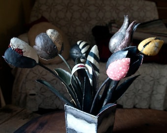 Motley Metal Bouquet of 6 metal flowers, 6th anniversary, iron tulips, hand painted sculpture. Whimsical art by The Steel Style Things