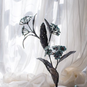 Blue Мetal Flower on stone, forget-me-not stalk, twig steel and copper botanical sculpture by The Steel Style Things, 7th anniversary
