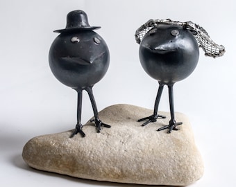 Metal Bird Sculpture: Newlywed Couple on Stone Base by The Steel Style Things