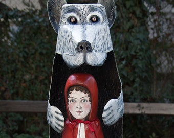 Little Red Riding Hood and Good wolf original sculpture metal and wood white wolf wrought iron copper welded art one-of-a-kind