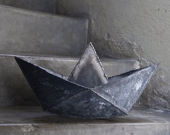 Paper boat metal origami sculpture, sailboat sculpture by The Steel Style Things, 6th iron anniversary