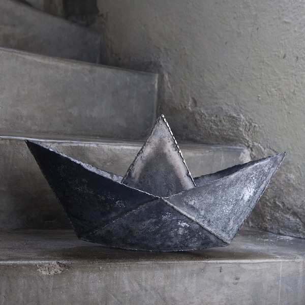 Stunning paper boat metal origami sculpture, home or garden decore, sailboat sculpture by The Steel Style Things, 6th iron anniversary gift