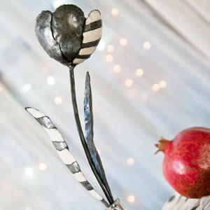 Metal tulip black & white strips, small flower sculpture by The Steel Stile Things, 6th anniversary or Valentine gift