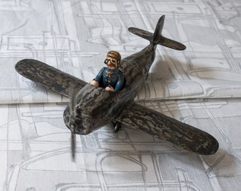 Metal sculpture antique airplane with aviator original art forged iron sculpture kinetic toy by TheSteelStyleThings