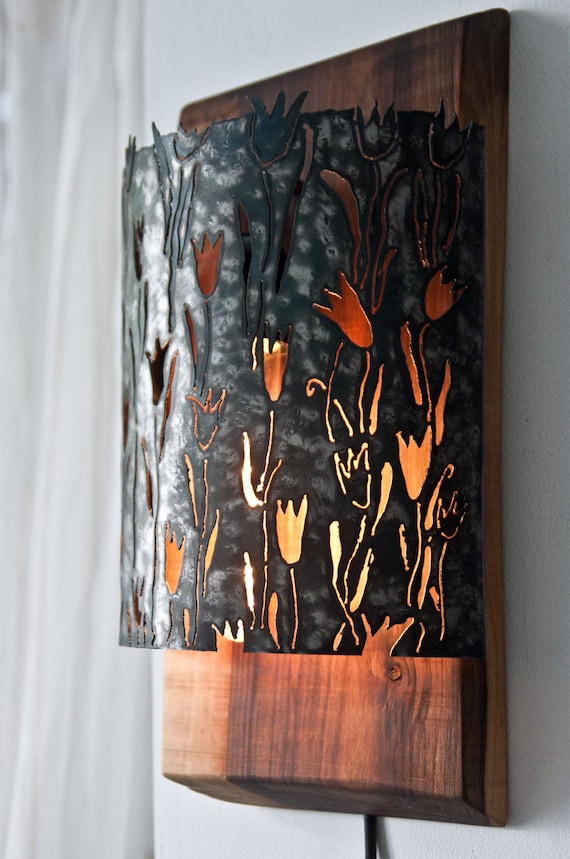 Wood and Metal art lamp, light sculpture Sconces by The Steel Style Things, iron wood anniversary gift