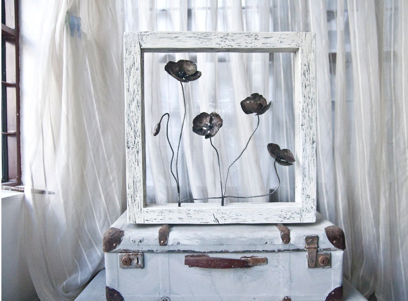 Metal Poppies In Wood Frame Wall Art Decor Rustic Unusual Image 0