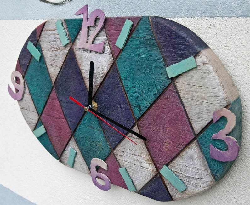 Geometric wall clock wood interior modern clock pastel color wall decor kid room mint violet art clock unique design wood clock housewarming image 3