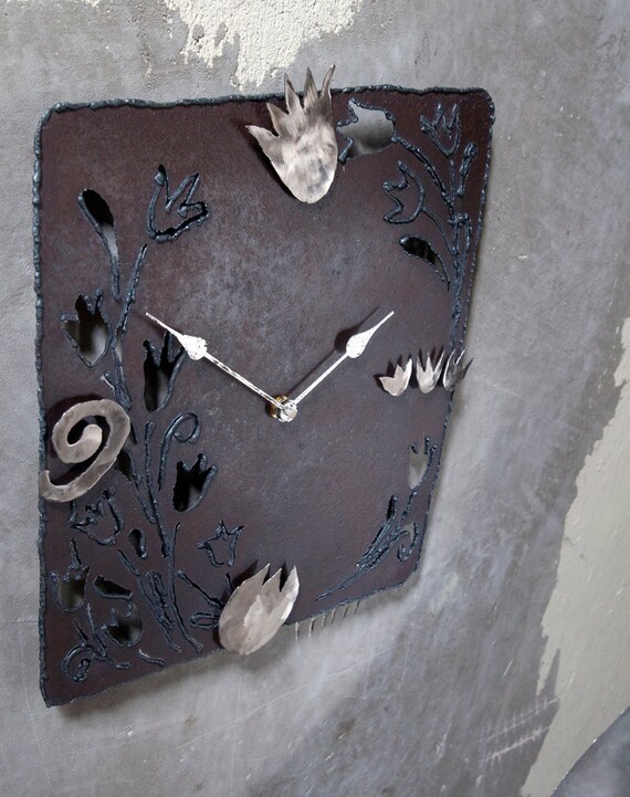 Rectangular Metal Wall Clock Interior Art With Tulips Industrial Design Whimsical Fift Iron Anniversary