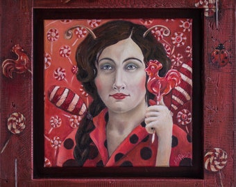 Ladybug Oil Painting on Canvas in Handmade Wood Frame, by Mara from The Steel Style Things