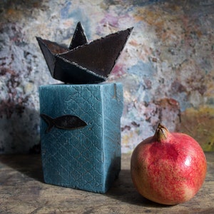 Origami boat paperweight - metal and wood sculpture, metal boat, wood base,  5th or 6th anniversary gift, made by TheSteelStyleThings