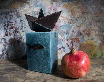 Origami boat paperweight, metal & wood sculpture, 5th, 6th anniversary gift, by The Steel Style Things
