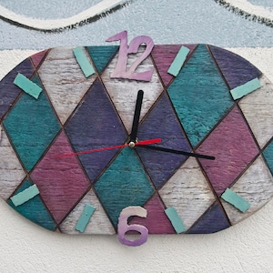 Geometric wall clock wood interior modern clock pastel color wall decor kid room mint violet art clock unique design wood clock housewarming image 1