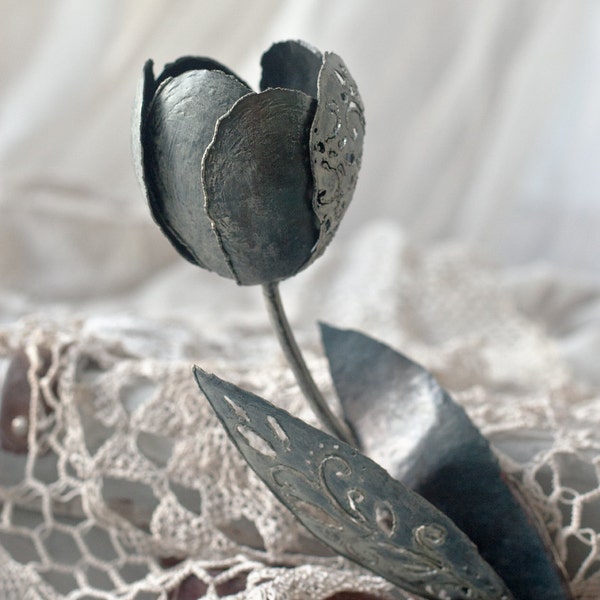 White metal tulip unusual steel flower welded art metal lace, metal art, home or garden decore by The Stee Style Things