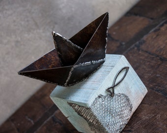 Оrigami "paper" boat, paperweight, desk sculpture, Metal boat on wood base, metal art by The Steel Style Things