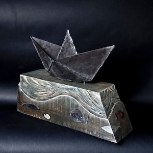 Paperweight - Metal and wood sculpture - paper boat end fishes, whimsical gift, 5th or 6th anniversary, by TheSteelStyleThings