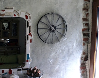 Round wall industrial metal clock, handmade, welded inox on wrought black iron, design and made by TheSteelStyleThings