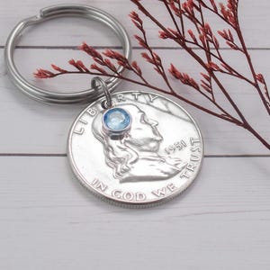 1951 Silver Half Dollar Coin Keychain, Free Shipping 75th Birthday Gift for Grandmother Unique Milestone Present for Mother 75th Anniversary