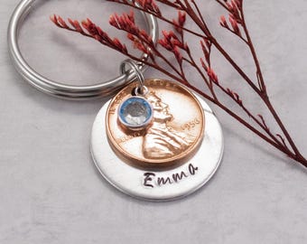 1956 Penny Keychain with Personalized Name Disc, Unique 70th Birthday Gift for Grandmother, Thoughtful Milestone Gift for Mother Anniversary