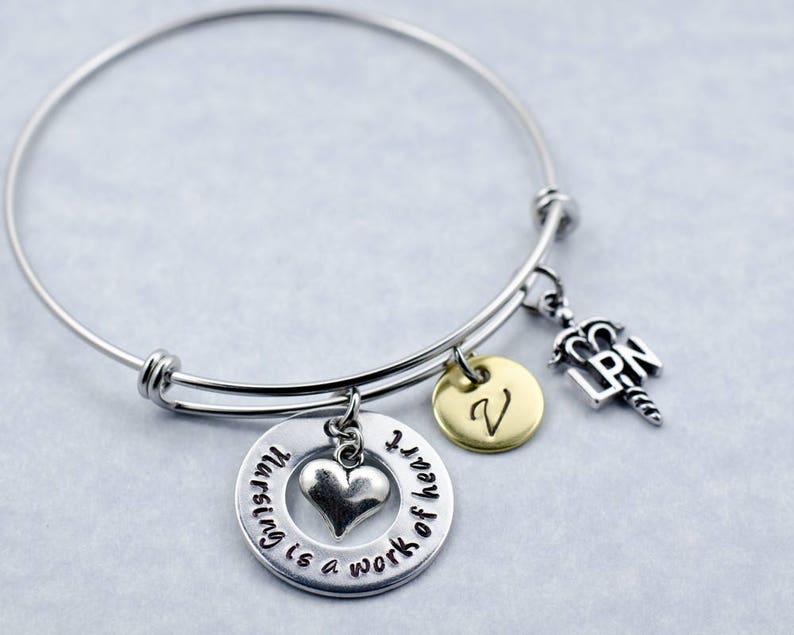 Custom Engraved Nurse Charm Bracelet Jewelry Personalized Gift for Nurse Graduation Gift Hand Stamped RN LPN Nursing is a Work of Heart