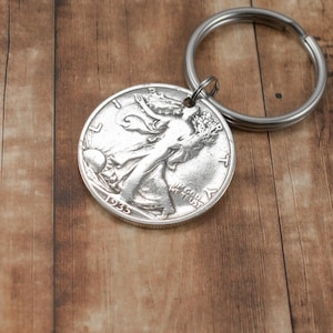 1935 Silver Half Dollar Coin Keychain, Free Shipping Milestone 90th Birthday Gift for Grandfather Memorable Vintage Birthday Gift for Father