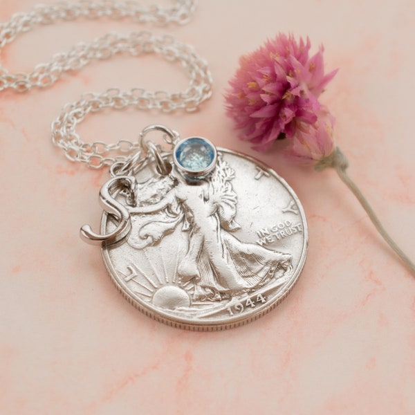 1944 Silver Half Dollar Necklace - 80th Birthday Gift for Her - Custom Gift for Grandma, Thoughtful Gift for Mom, Aunt, Sister Coin Pendant