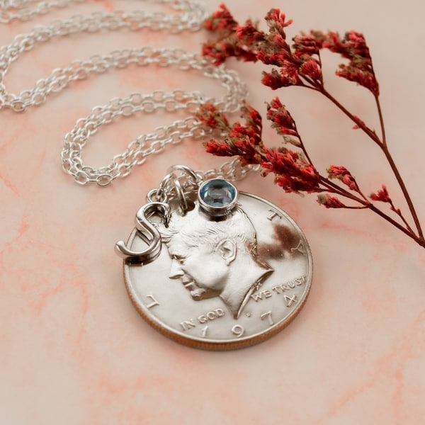 1974 Half Dollar Coin Necklace, Free Shipping, Meaningful 50th Birthday Gift for Her Thoughtful Custom 50th Anniversary Gift for Grandma Mom