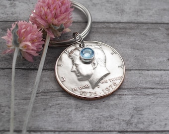 1976 Half Dollar Coin Keychain Key Ring, One of a Kind 50th Birthday Gift for Mom Dad, Milestone 50th Anniversary Gift for Grandma Grandpa