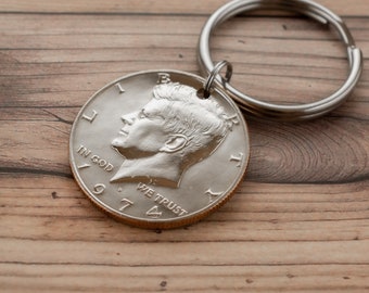 1974 Half Dollar Coin Keychain, Free Shipping, 50th Birthday Gift for Dad, Milestone 50th Anniversary Gift for Grandpa, Retro Coin Key Ring