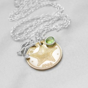 Starfish Coin Necklace, Ocean Sea Summer Beach Theme, Bahama Islands One Cent Coin Pendant, Personalized Jewelry, Animal, Fish