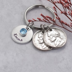 1971 Double Nickel Coin Keychain with Personalized Name Disc, Milestone 55th Birthday Gift for Grandmother, 55th Birthday Present for Mother