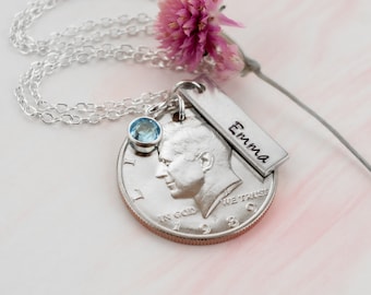 1989 Half Dollar Name Necklace, 35th Birthday Gift, Personalized Milestone 35th Anniversary Present, Mom Wife Daughter Sister Aunt Friend